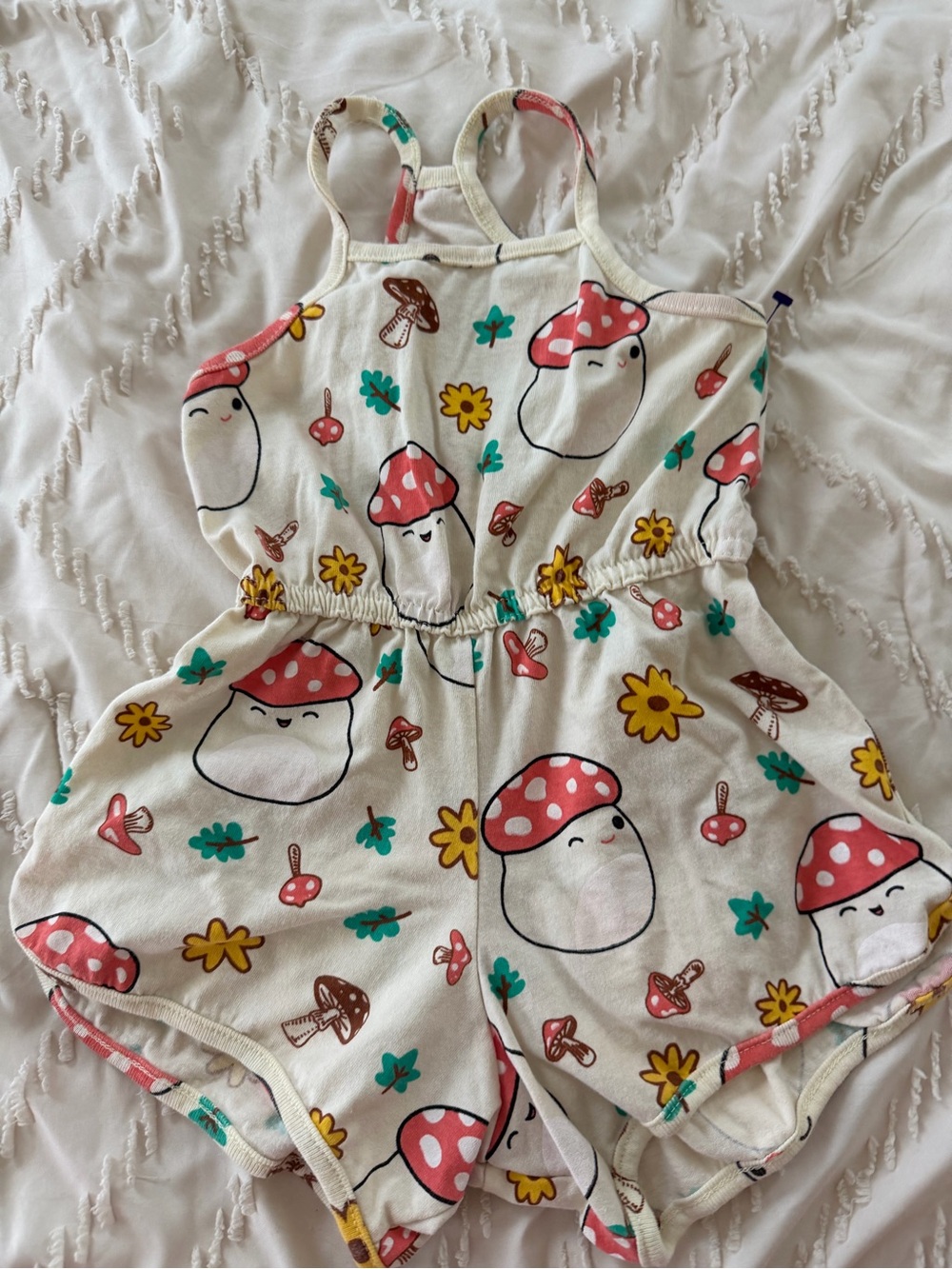 Mushroom Print Girls Romper - Cream, Red, Yellow, Teal